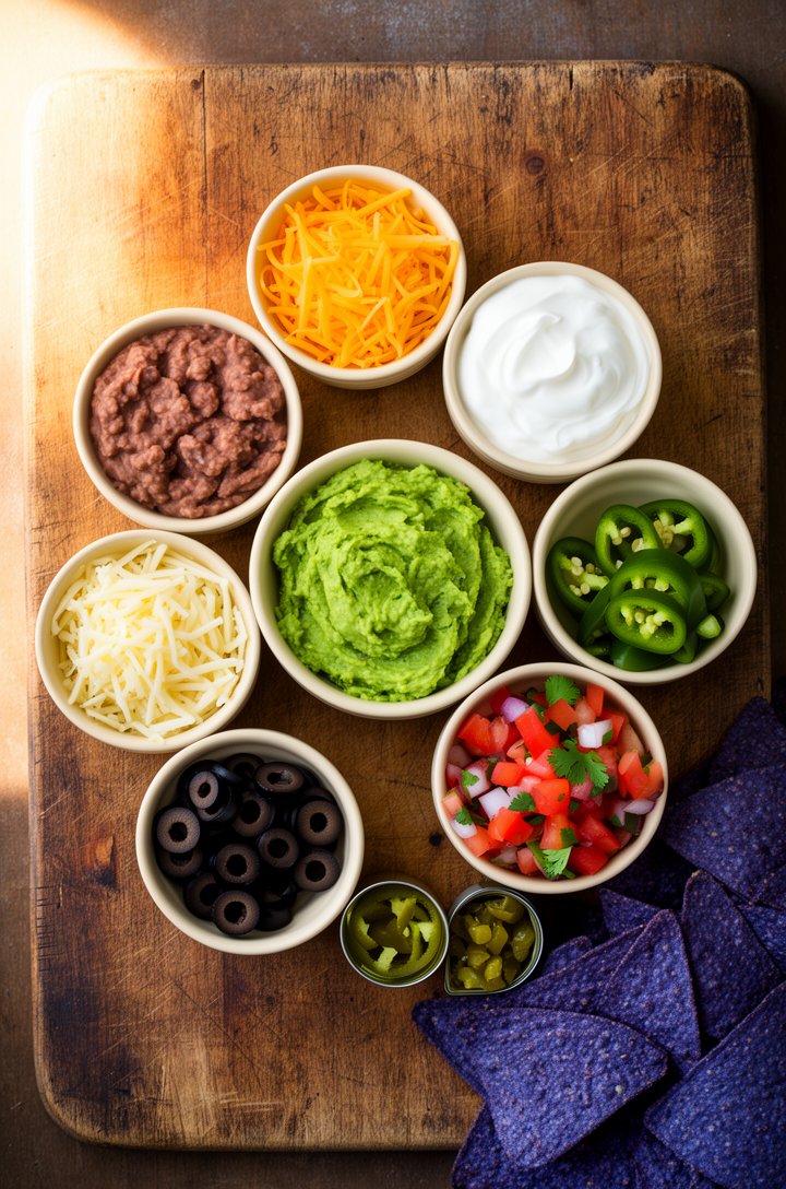 Overhead flat-lay on an aged wooden cutting board showing all the ingredients for 7-layer dip arranged in small butter-cream ceramic bowls — refried beans, shredded sharp cheddar, sour cream, a bowl o