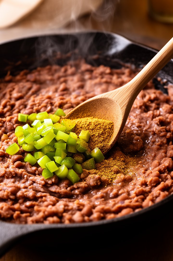 Close-up 30-degree angle of refried beans warming in a dark cast iron skillet, diced green chiles and ground cumin being stirred in with a wooden spoon, beans glossy and loose with visible spice fleck