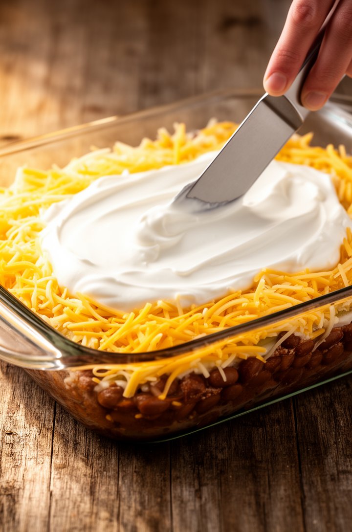 Side-angle close-up of a clear glass baking dish showing the 7-layer dip being assembled mid-process — three distinct layers visible through the glass: brown seasoned beans at the bottom, golden shred
