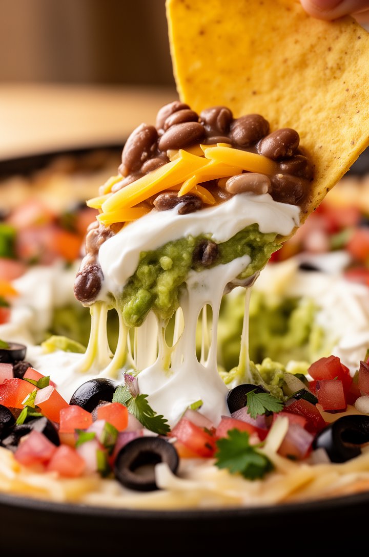 Extreme close-up macro shot of a tortilla chip being scooped through a fully assembled 7-layer dip, all seven layers visible in the cross-section clinging to the chip — brown beans, golden cheddar, wh