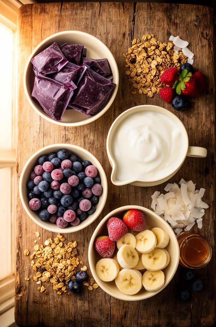 Overhead flat-lay on an aged wooden board of acai bowl ingredients laid out in small butter-cream ceramic bowls — two dark purple frozen acai packets broken into chunks, a pile of frozen blueberries, 