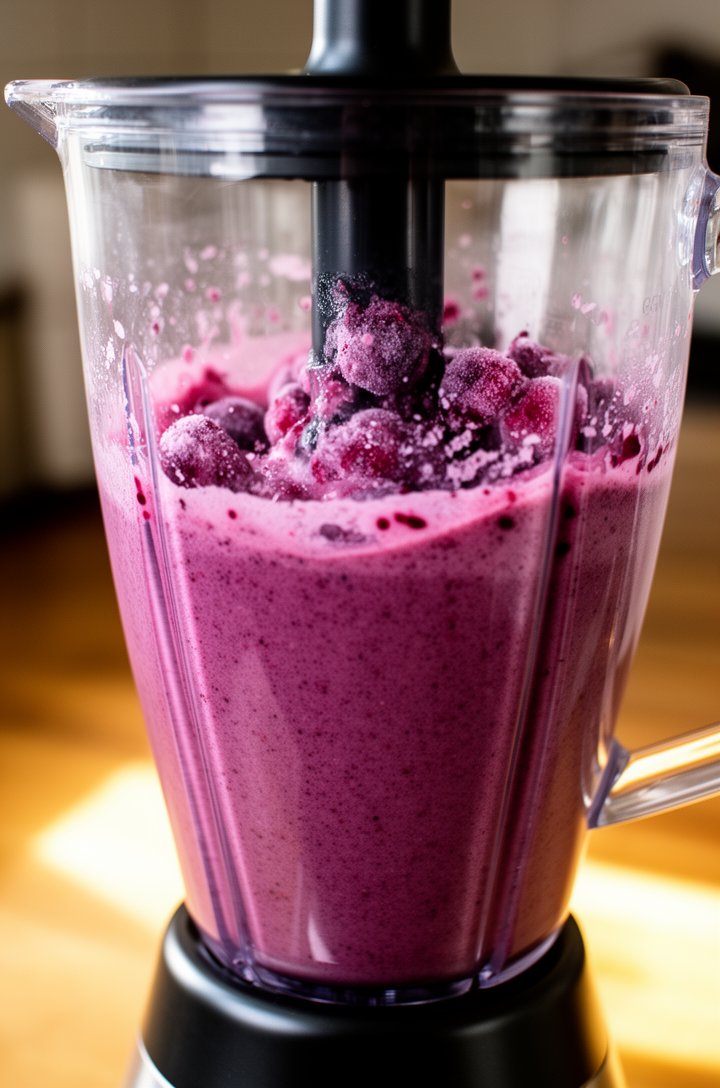Close-up 30-degree angle of a high-speed blender mid-blend, thick purple-pink acai mixture visible through the clear pitcher, tamper pressing down into the frozen mixture, frozen berry chunks still vi