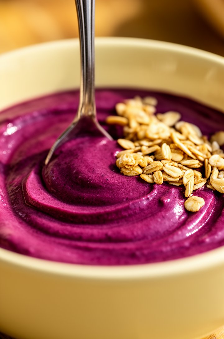 Extreme close-up macro of a spoon standing upright in thick creamy purple acai mixture inside a butter-cream ceramic bowl, the surface smooth and swirled like frozen yogurt, rich deep purple-magenta c