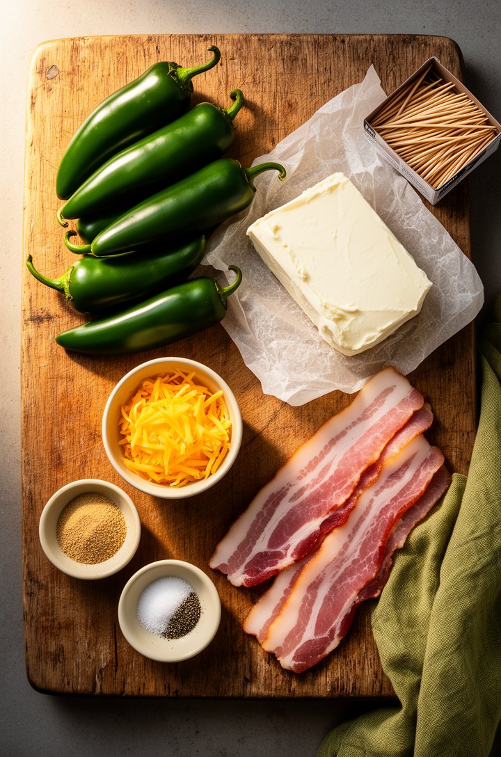 Overhead flat-lay of jalapeño popper ingredients arranged on an aged wooden cutting board — whole green jalapeños, a block of cream cheese on parchment, a small bowl of shredded sharp cheddar, raw bac
