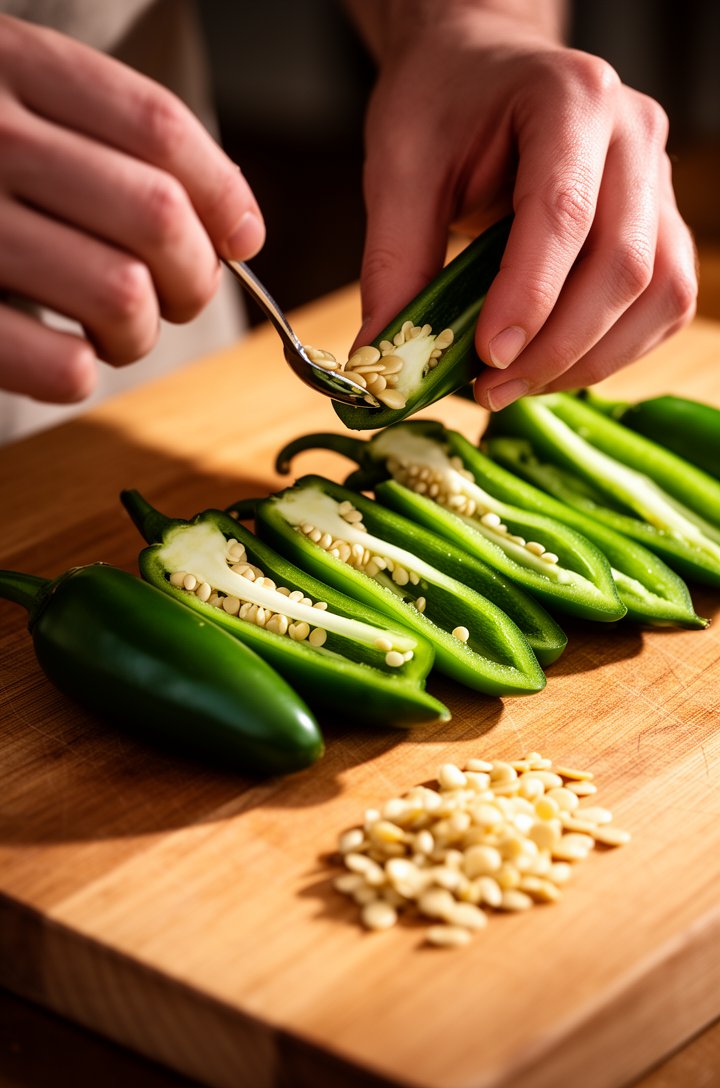 Close-up 30-degree angle of hands using a small spoon to scrape seeds and white ribs from halved jalapeño peppers on a wooden cutting board, a pile of cleaned bright-green jalapeño boats arranged in r