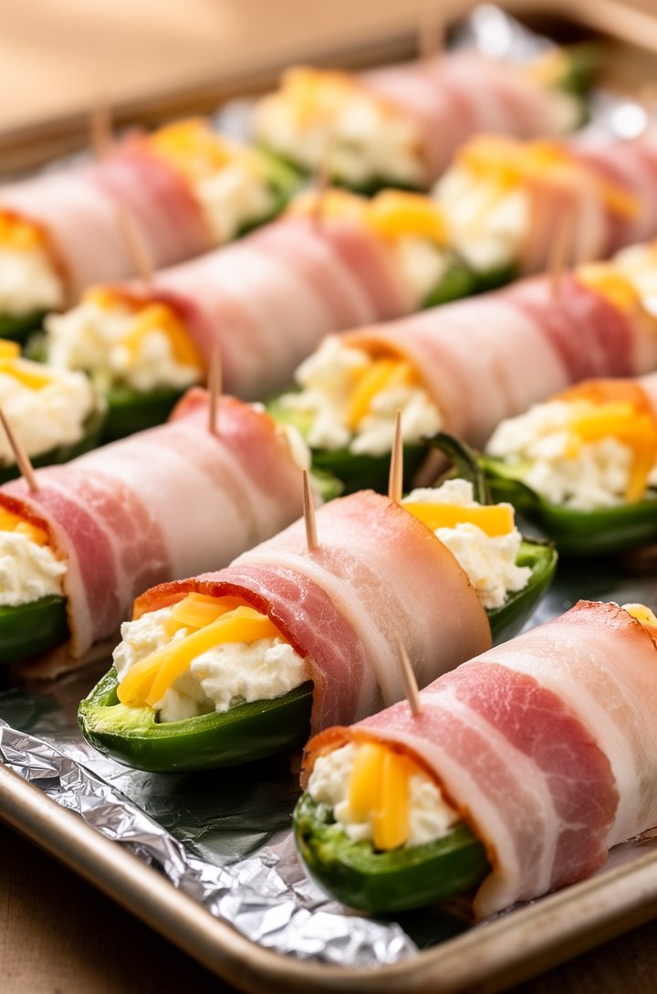 Tight close-up of stuffed jalapeño halves being wrapped with half-slices of raw bacon on a foil-lined sheet pan, cream cheese and cheddar filling visible mounding above the pepper rim, toothpicks secu