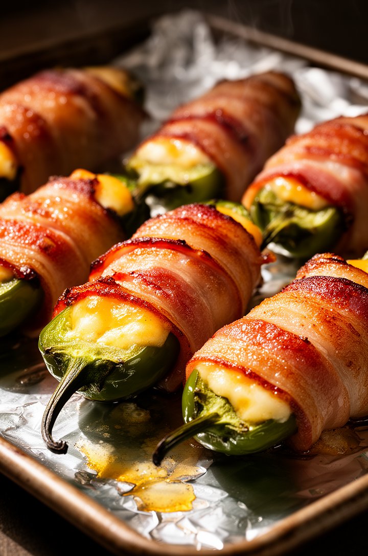 Eye-level close-up of bacon-wrapped jalapeño poppers fresh from the oven on a foil-lined sheet pan, bacon deeply golden-brown and visibly crispy with rendered fat glistening, cheese bubbling at the ed