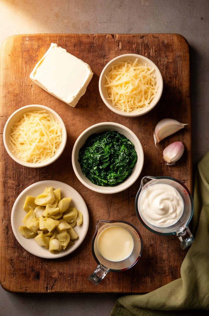 Overhead flat-lay of spinach artichoke dip ingredients arranged on an aged wooden cutting board — a block of cream cheese, small butter-cream ceramic bowls of shredded parmesan and mozzarella, a bowl 