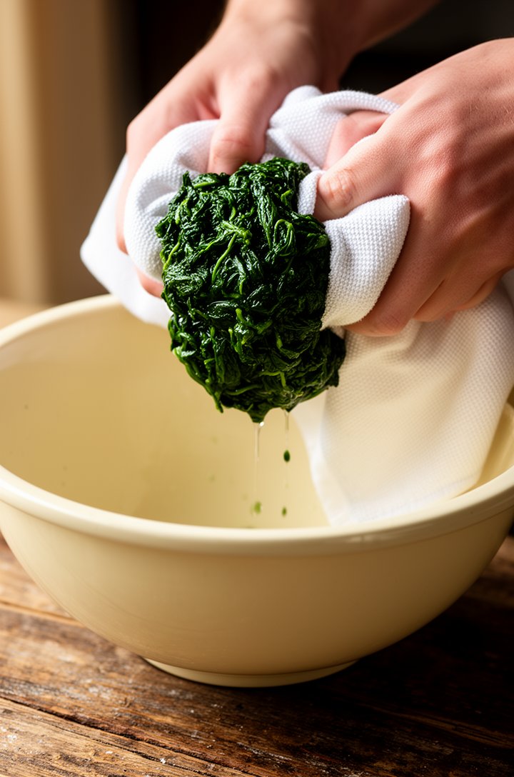 Close-up 45-degree angle of hands squeezing thawed spinach in a white kitchen towel over a mixing bowl, dark green spinach compressed into a tight ball, liquid visibly dripping out, warm natural side 