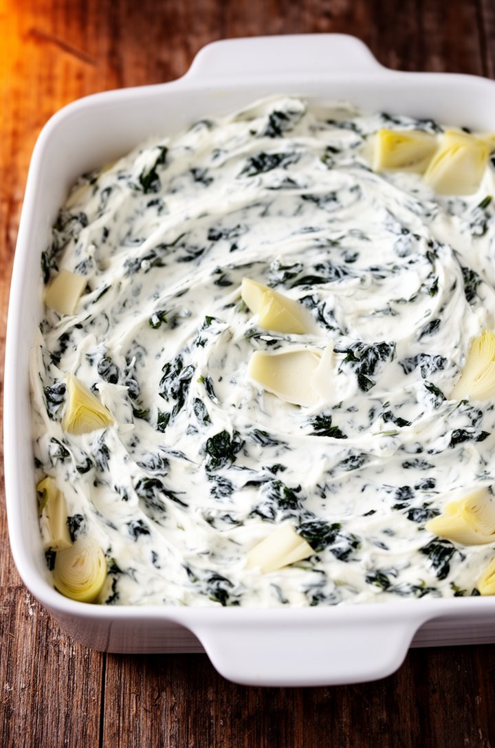 Close-up overhead shot of a white ceramic baking dish filled with unbaked spinach artichoke dip mixture, creamy white cheese base with visible dark green spinach flecks and pale yellow artichoke chunk