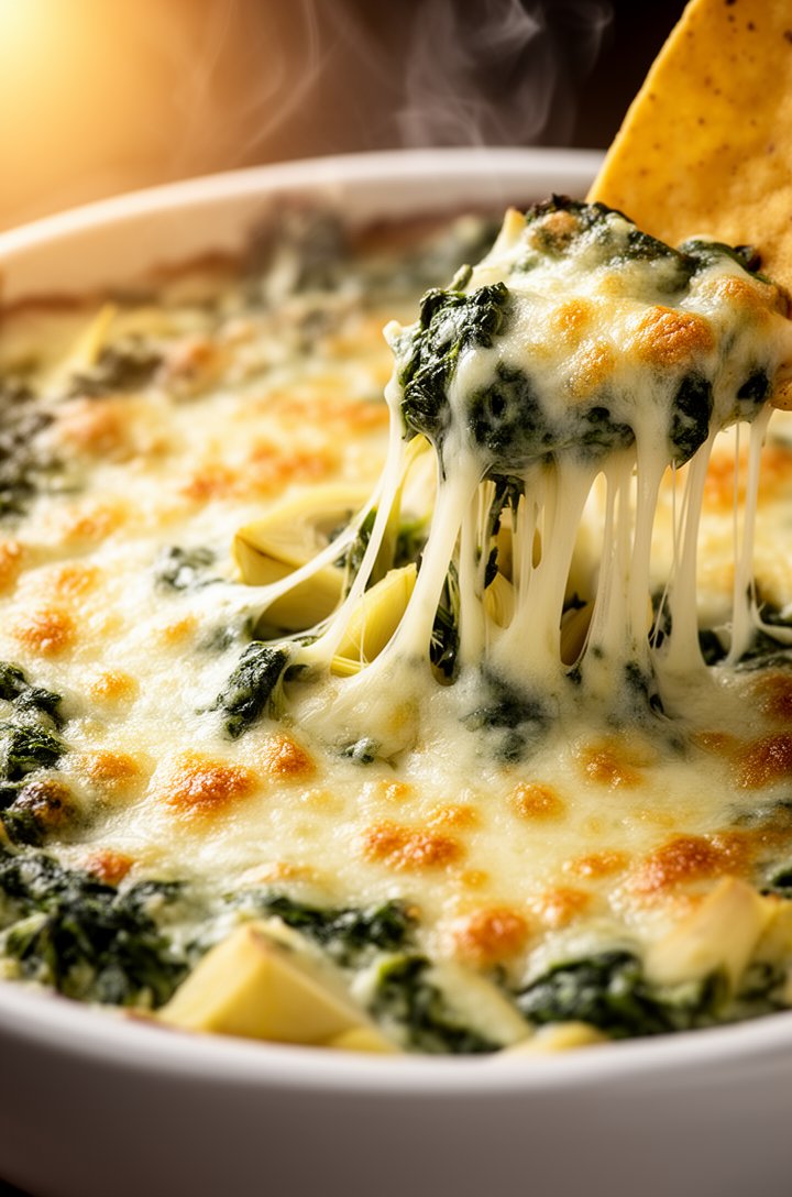 Extreme close-up macro shot of baked spinach artichoke dip fresh from the oven, surface bubbling actively with melted mozzarella and golden-brown parmesan spots, visible spinach leaves and artichoke p