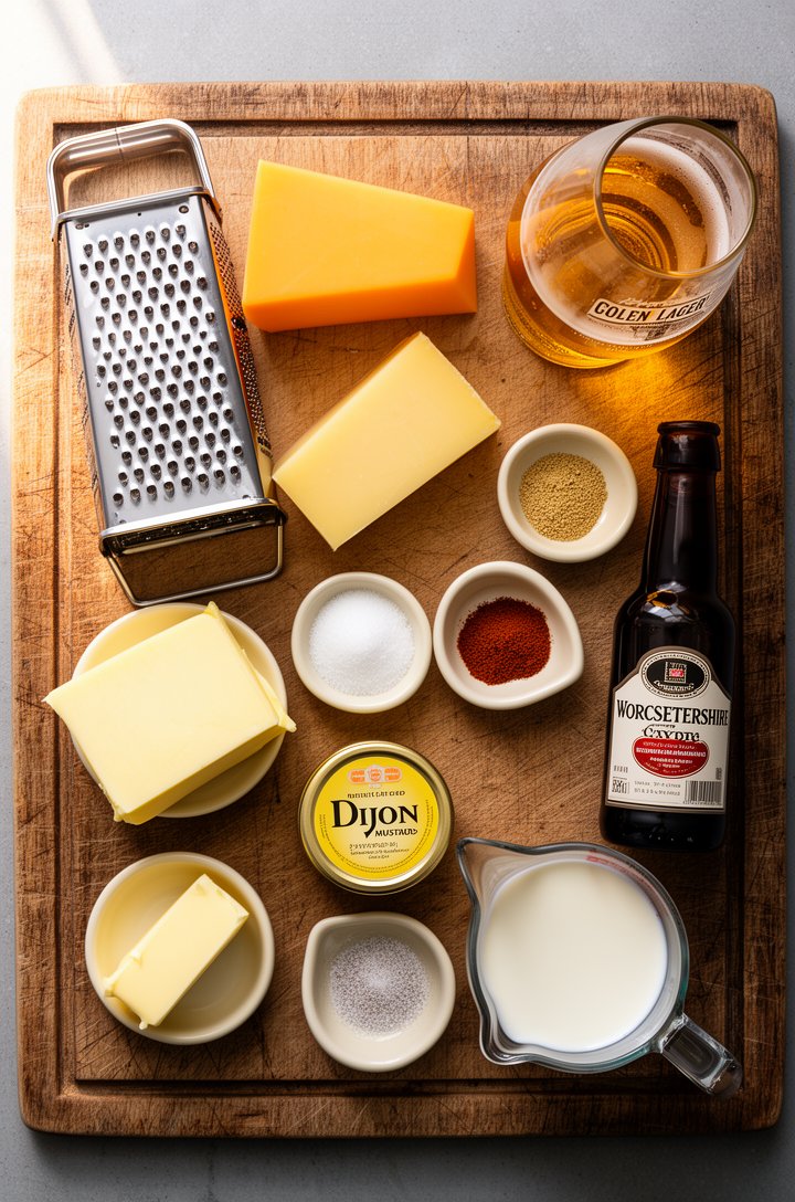 Overhead shot of all beer cheese dip ingredients arranged on an aged wooden board — a block of sharp cheddar and a wedge of Gruyere beside a box grater, small butter-cream ceramic pinch bowls of garli