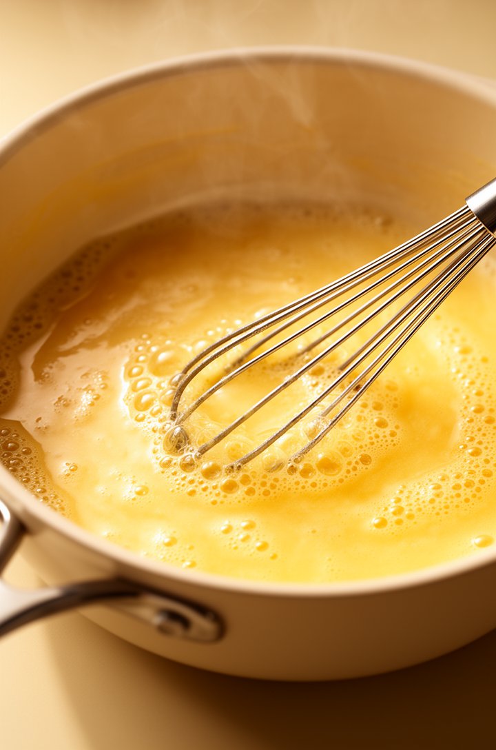 Close-up 45-degree angle of golden roux bubbling gently in a medium saucepan, butter melted and flour mixture toasty and smooth, whisk resting in the pan, warm side lighting, shallow depth of field, b