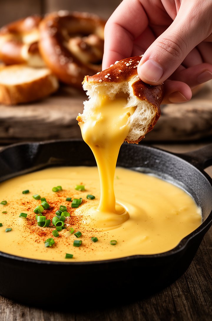 Close-up action shot of a hand dipping a torn piece of soft pretzel into thick, glossy golden beer cheese dip in a dark cast iron skillet, cheese stretching in a long pull, smoked paprika and chive ga