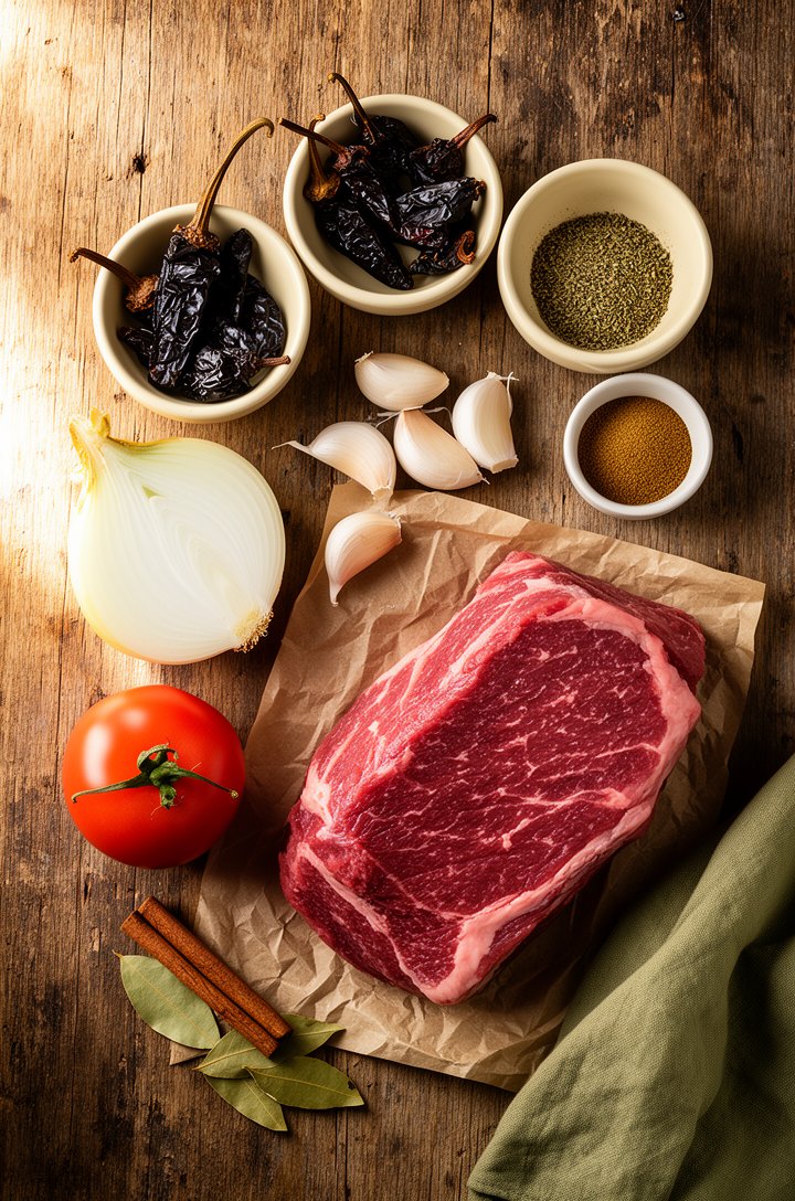 Overhead flat-lay on aged wooden board of mise en place for birria tacos — three small butter-cream ceramic bowls holding dark dried guajillo, ancho, and chile de árbol chiles, a whole white onion cut