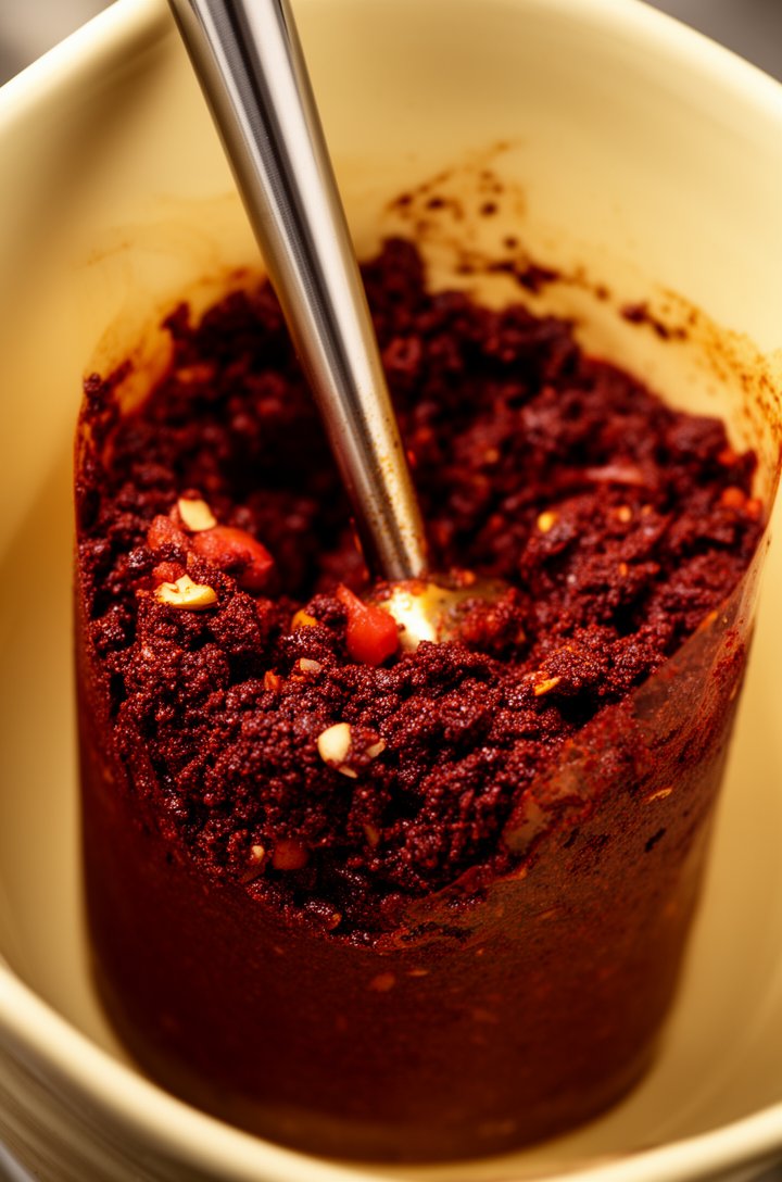 Close-up 45-degree angle of dark red birria adobo paste being blended in a tall container with an immersion blender, rich brick-red color with visible texture, small pieces of softened chile still bre