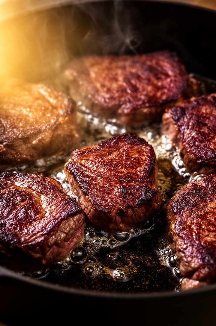 Extreme close-up macro of beef chuck pieces searing in a Dutch oven, deep mahogany-brown crust forming on the surface, visible oil sizzle and tiny bubbles, dark fond building on the pot bottom, dramat