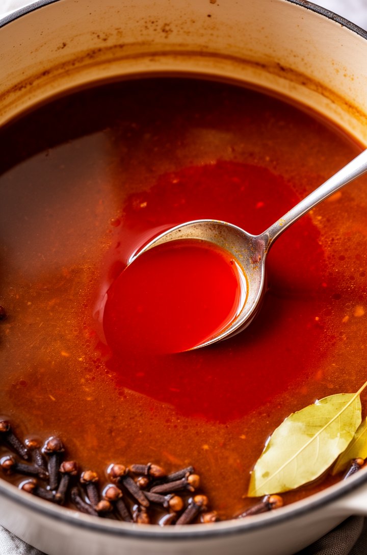 Close-up overhead shot of braising liquid surface in a Dutch oven, vivid red birria oil floating on top of deep amber-red consommé, a spoon skimming the red oil layer, visible whole cloves and bay lea