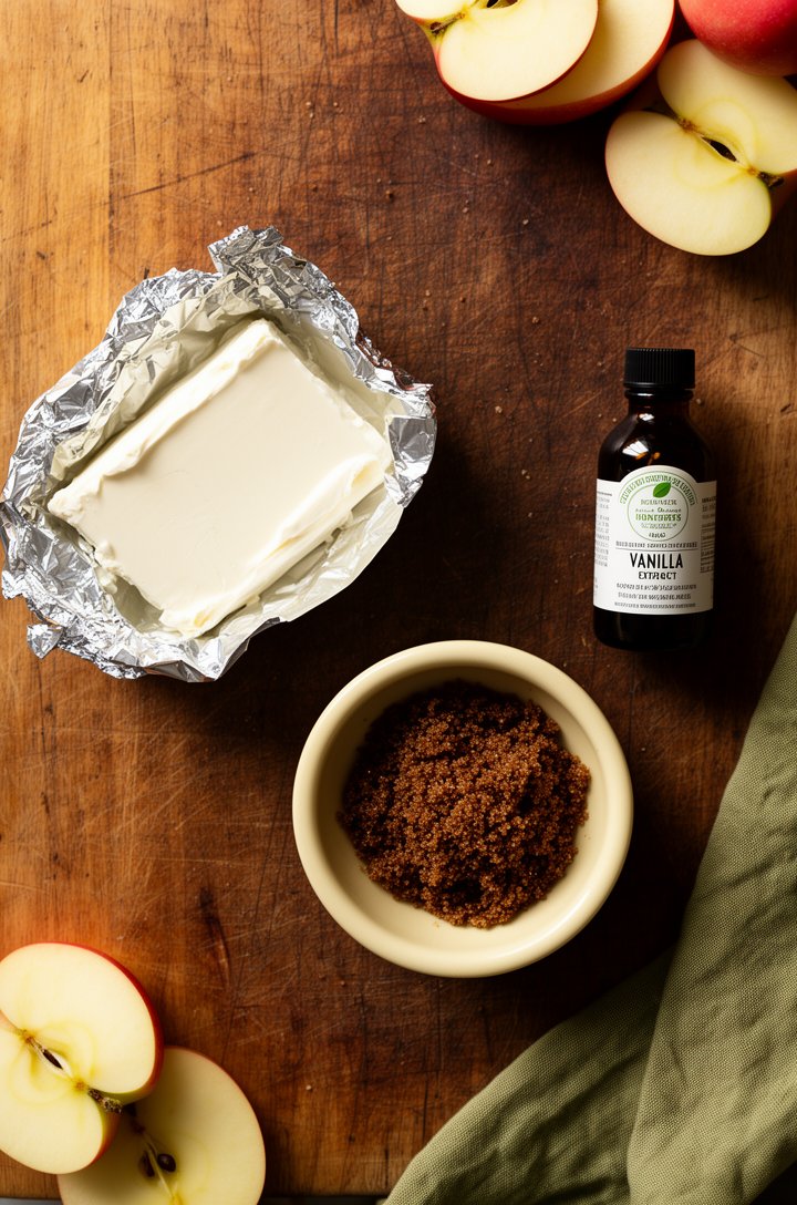 Overhead flat-lay of three ingredients on an aged wooden cutting board — one block of cream cheese in its foil wrapper partially unwrapped, a small butter-cream ceramic bowl of packed dark brown sugar