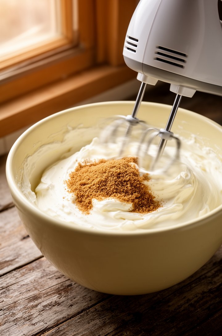 Close-up 30-degree angle action shot of an electric hand mixer beating fluffy cream cheese in a mixing bowl, cream cheese smooth and glossy white, brown sugar just added on top creating contrast, visi