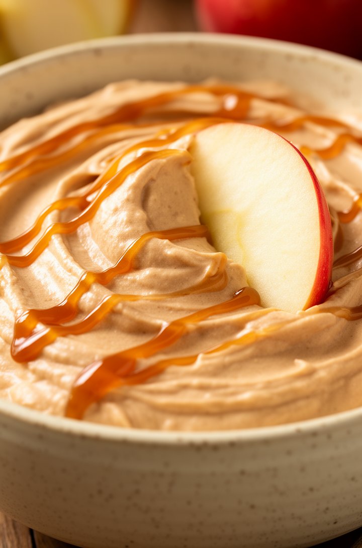Extreme close-up macro shot of the finished whipped apple dip in a speckled butter-cream ceramic bowl, creamy tan-caramel color with visible fluffy whipped texture and gentle swirl marks from a spatul