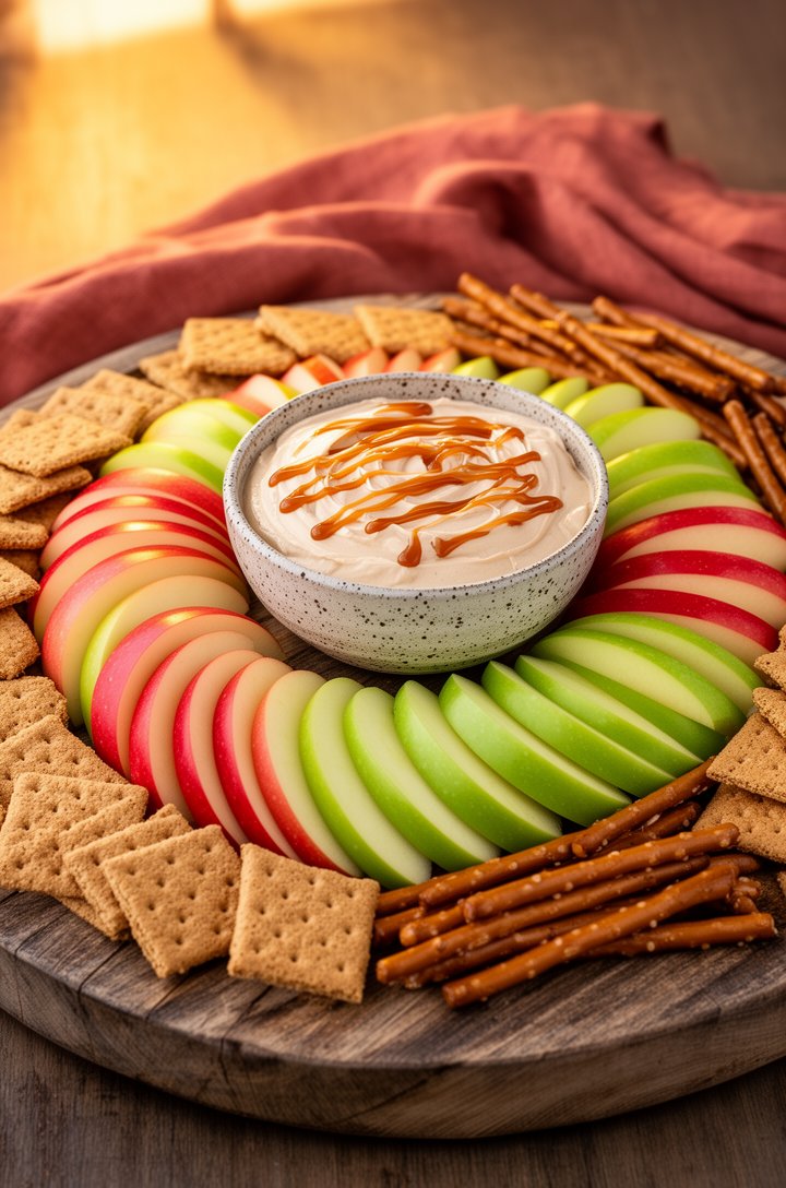 Wide 45-degree angle shot of a full apple dip party spread — the dip in center in a speckled ceramic bowl with caramel drizzle, surrounded by fanned-out apple slices in alternating red and green varie