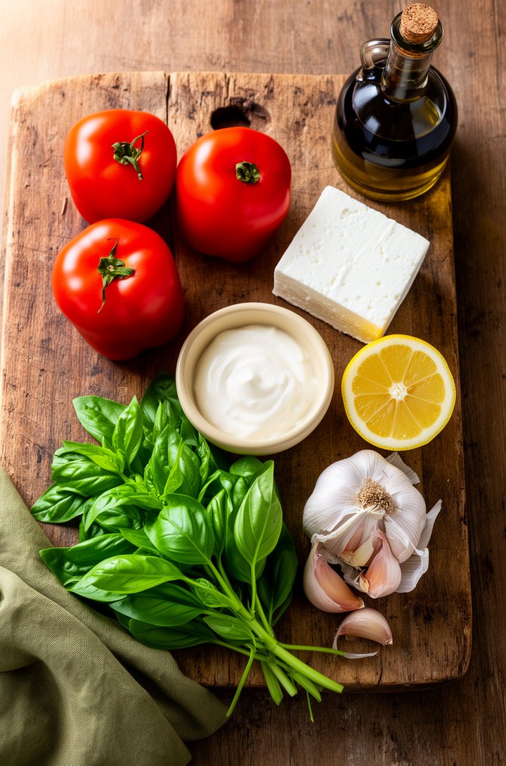 Overhead flat-lay of bruschetta dip ingredients arranged on an aged wooden board — four whole Roma tomatoes, a block of white feta cheese, a small butter-cream ceramic bowl of sour cream, a halved lem