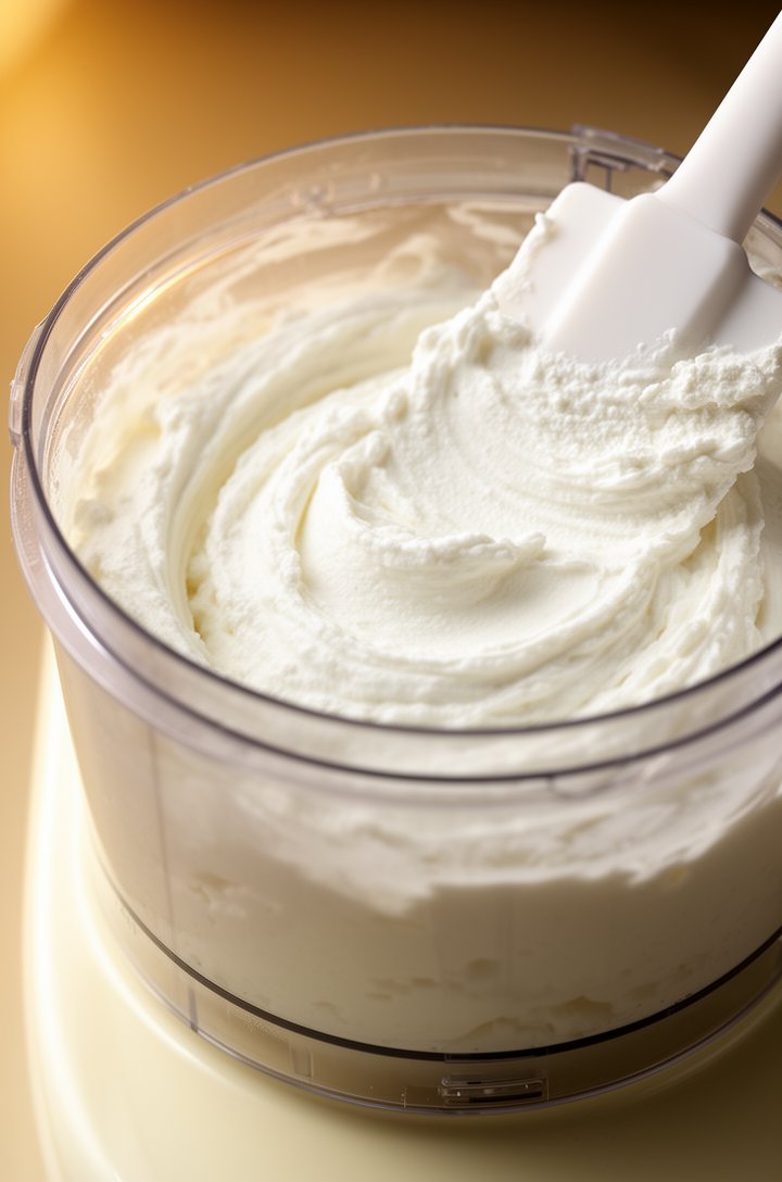 Close-up 30-degree angle of a food processor bowl containing smooth creamy whipped feta mixture, pure white with a silky texture, a rubber spatula resting on the rim with a smear of the mixture showin