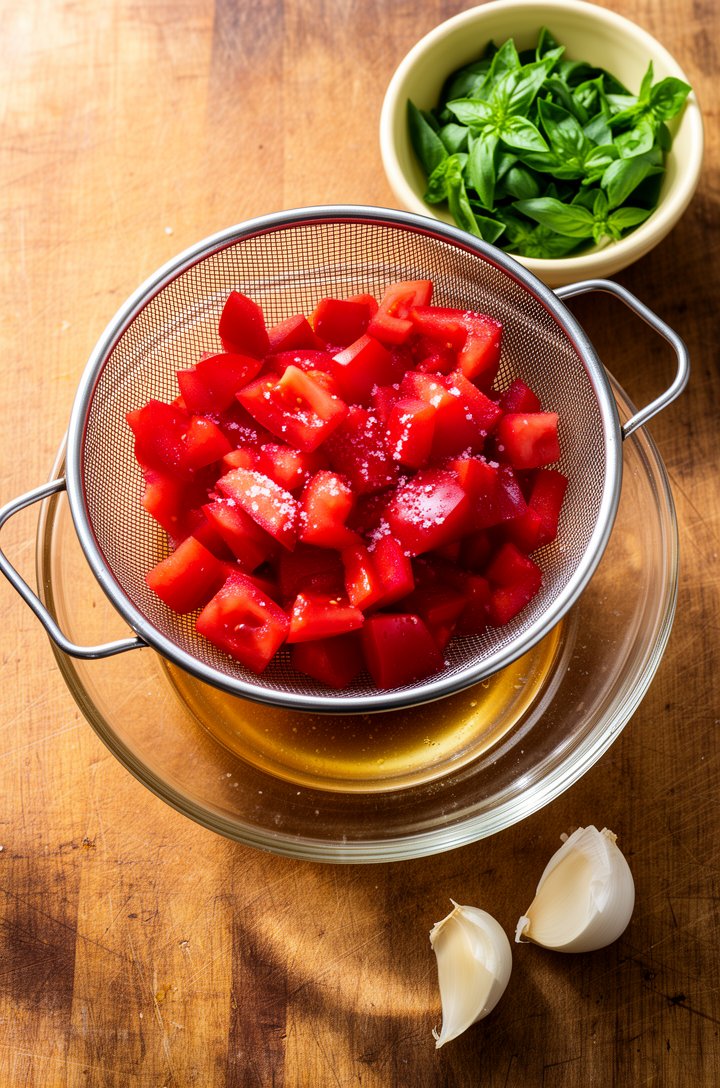 Overhead shot of diced ruby-red Roma tomatoes draining in a fine mesh strainer set over a small glass bowl, visible liquid collecting below, the tomatoes glistening with salt crystals, a small butter-