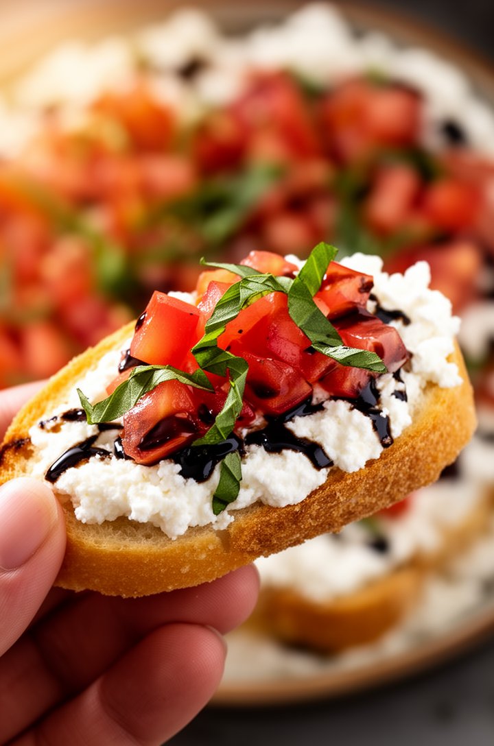 Extreme close-up macro of a hand holding a golden crostini loaded with a thick smear of white whipped feta cheese topped with chunky diced tomatoes, fresh torn basil, and a dark drizzle of balsamic gl