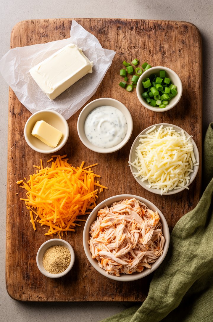 Overhead flat-lay of buffalo chicken dip ingredients arranged on an aged wooden board — a block of cream cheese on parchment, small butter-cream ceramic bowls of Frank's RedHot hot sauce and ranch dre