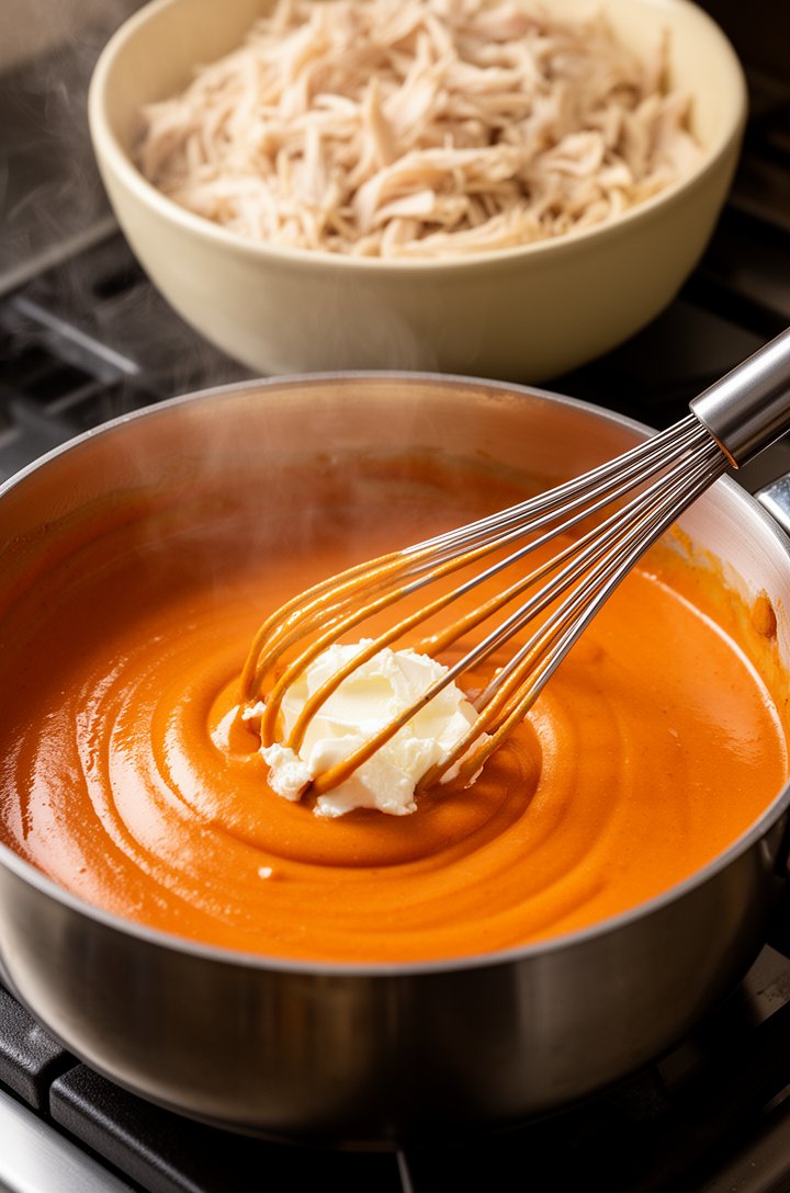 Close-up 30-degree angle of a medium saucepan on a stovetop, smooth orange-tinted buffalo sauce being whisked with visible cream cheese just finishing melting, steam rising, warm side lighting, the wh
