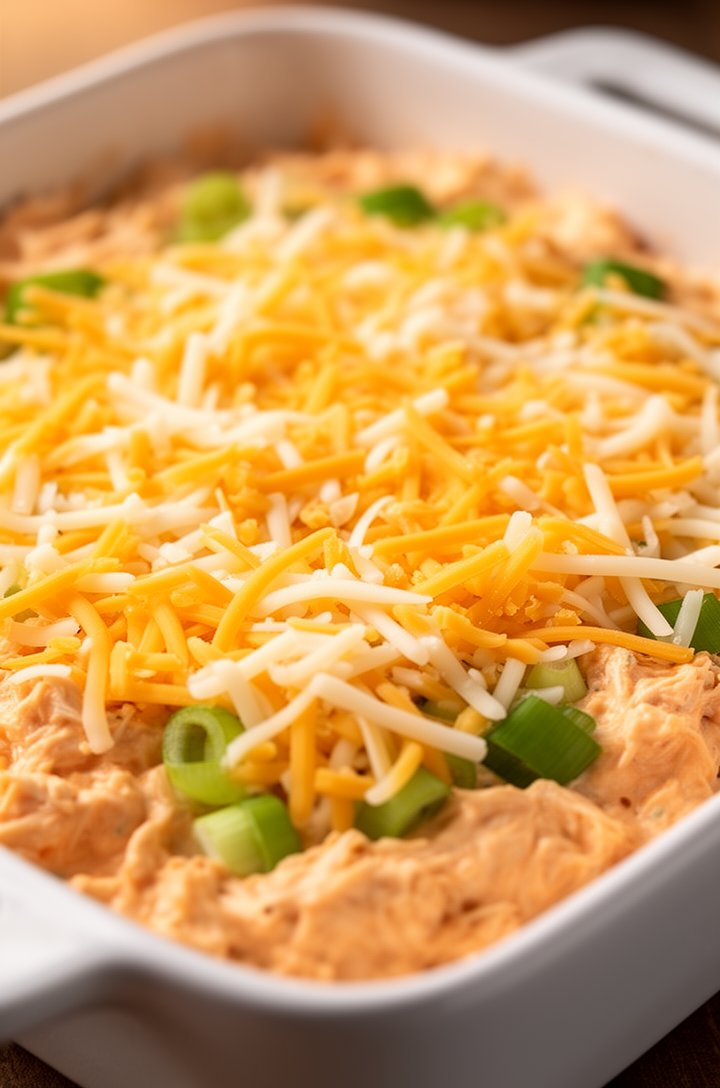 Extreme close-up of the assembled unbaked chicken dip in a white 9x9 ceramic baking dish, shredded cheddar and mozzarella scattered generously over the creamy orange chicken mixture, chopped green oni