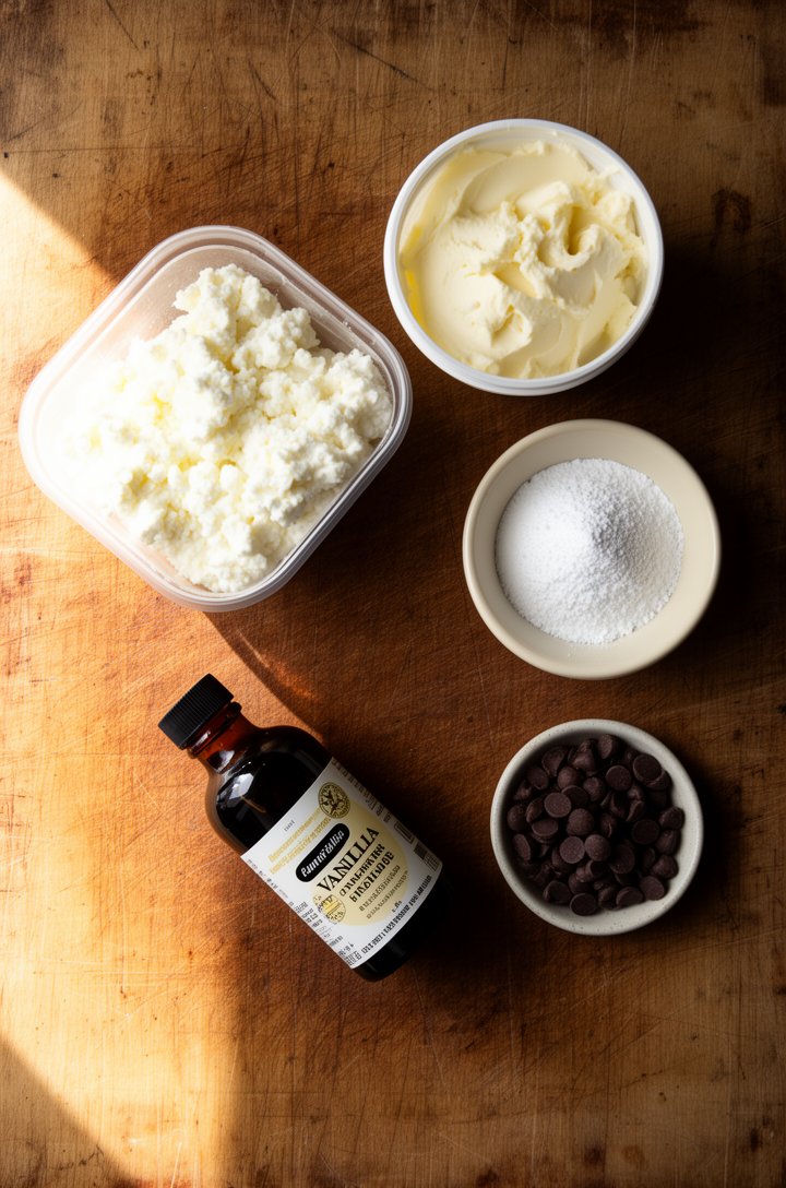 Overhead flat-lay of cannoli dip ingredients arranged on an aged wooden cutting board — a container of ricotta cheese, a tub of mascarpone, a small butter-cream ceramic bowl of sifted powdered sugar, 