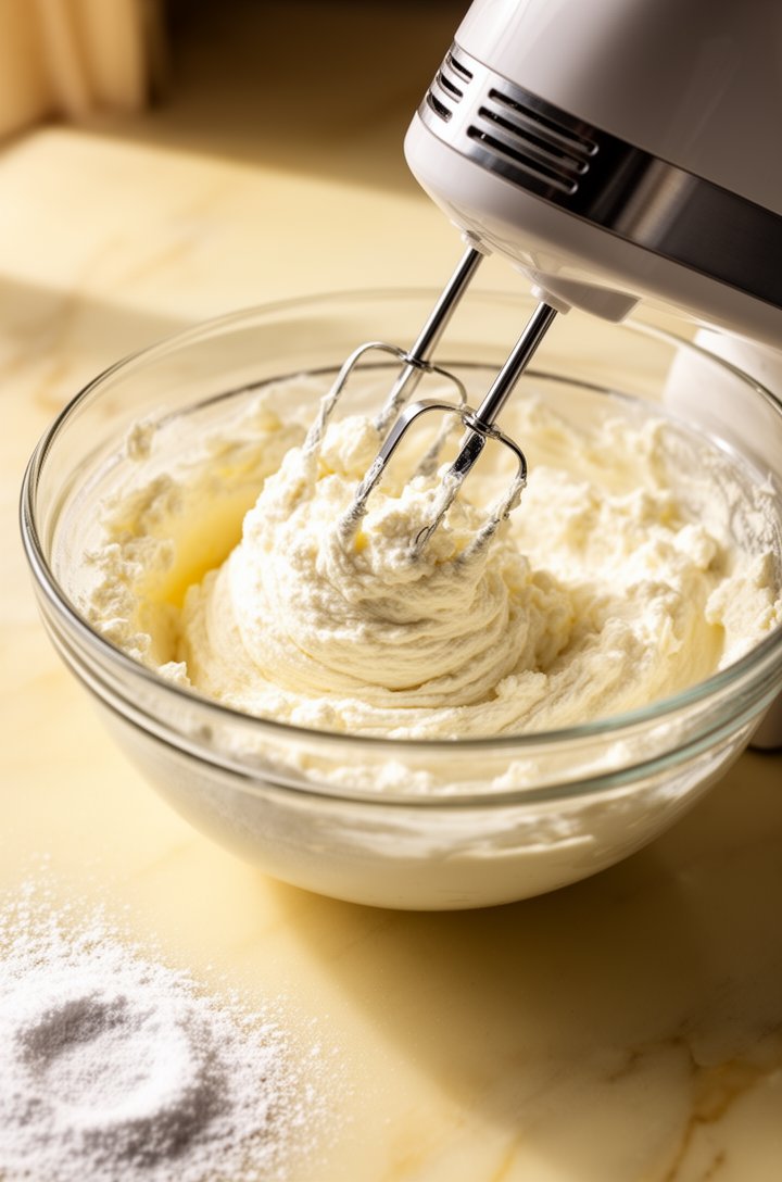 Close-up 45-degree angle of a hand mixer beating ricotta and mascarpone cheese together in a medium glass mixing bowl, the mixture mid-whip showing the transition from grainy to smooth and creamy, pow