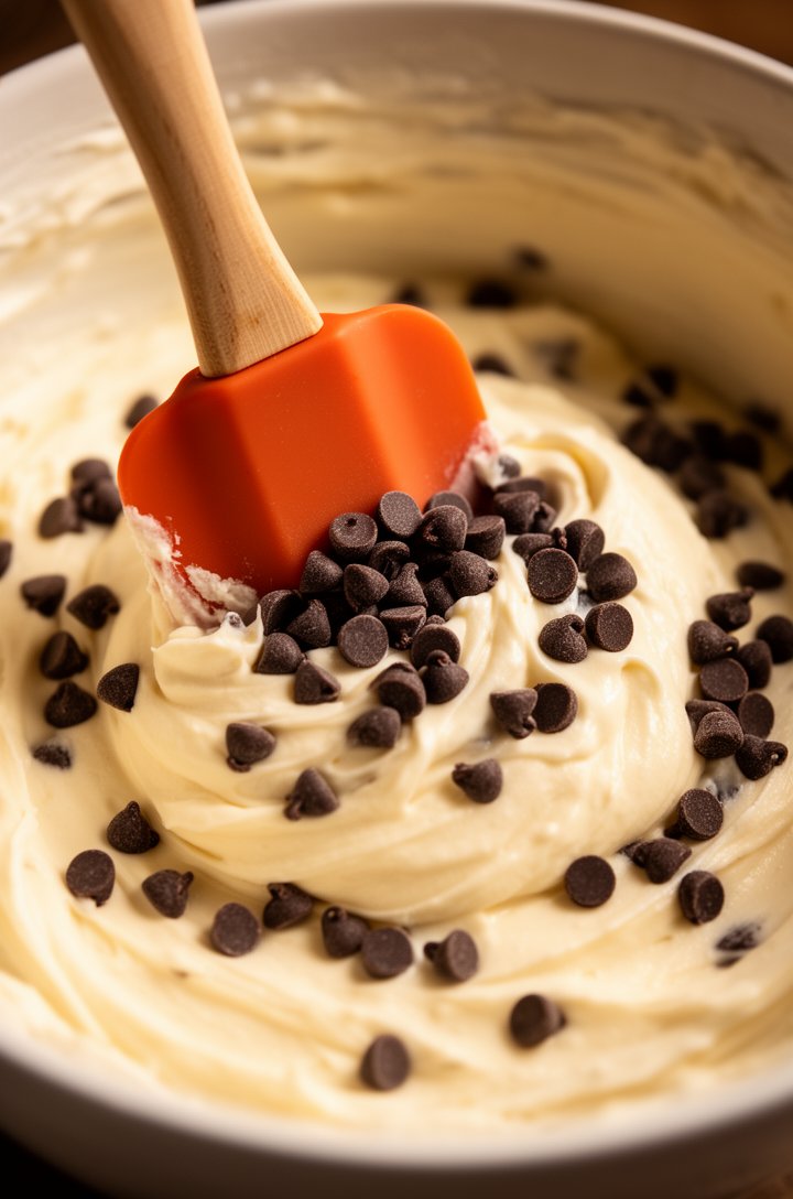 Extreme close-up macro of a rubber spatula folding mini dark chocolate chips into the smooth ivory cannoli dip mixture in a mixing bowl, chocolate chips scattered throughout the creamy base, some chip