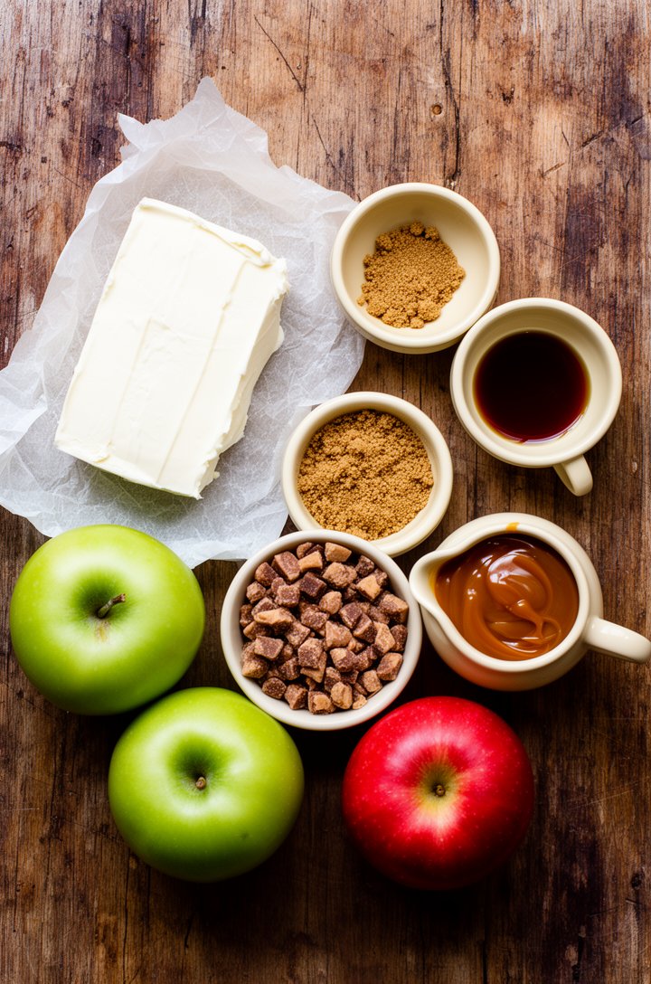 Overhead flat-lay of caramel apple dip ingredients arranged on an aged wooden board — a block of cream cheese on parchment, small butter-cream ceramic pinch bowls of brown sugar and vanilla extract, a