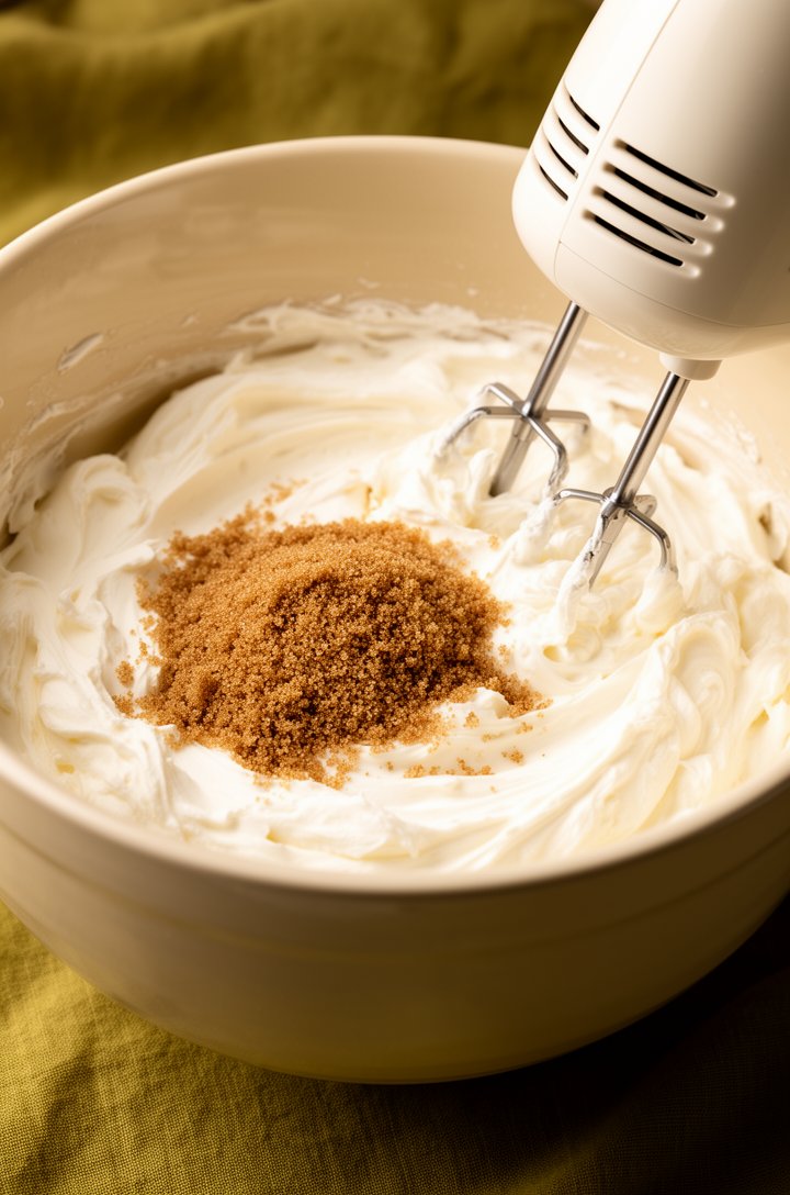 Close-up 30-degree angle of cream cheese being beaten smooth in a medium mixing bowl with an electric hand mixer, cream cheese fluffy and white like thick frosting, brown sugar just added on top not y