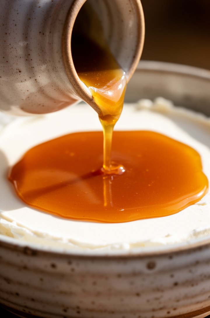 Extreme close-up macro of golden caramel sauce being poured from a small stoneware pitcher over a smooth white cream cheese layer in a speckled ceramic shallow dish, caramel pooling in a glossy amber 