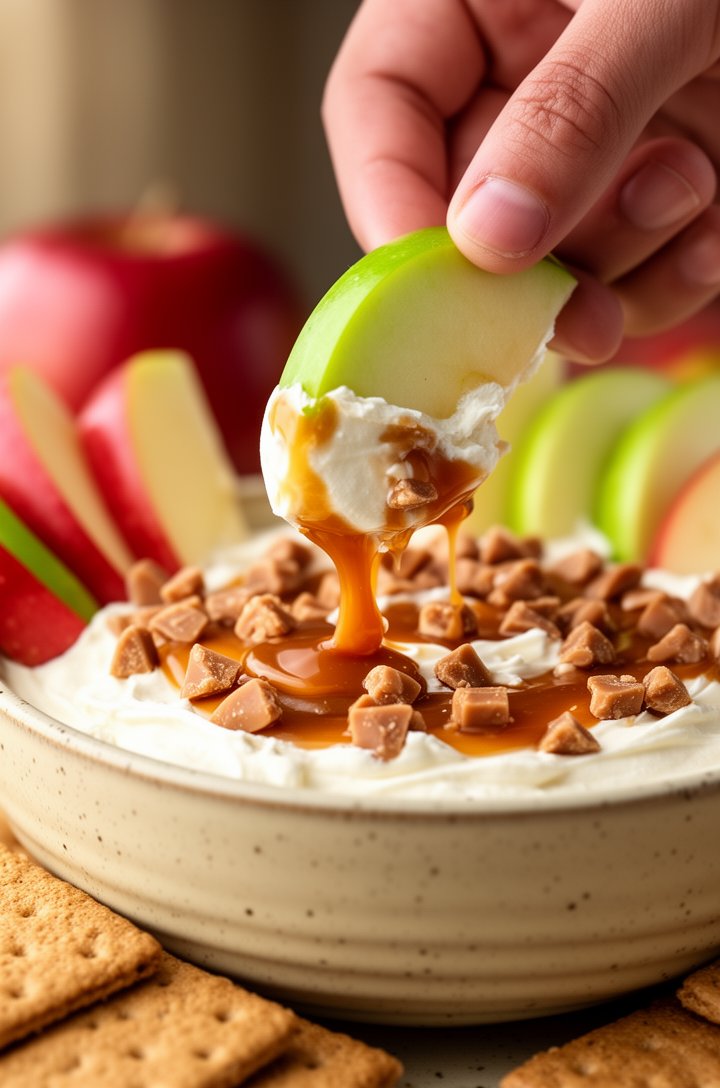Close-up action shot of a hand dipping a crisp green Granny Smith apple slice into caramel apple dip, the slice pulling up a thick scoop of layered cream cheese and glossy caramel with toffee bits cli