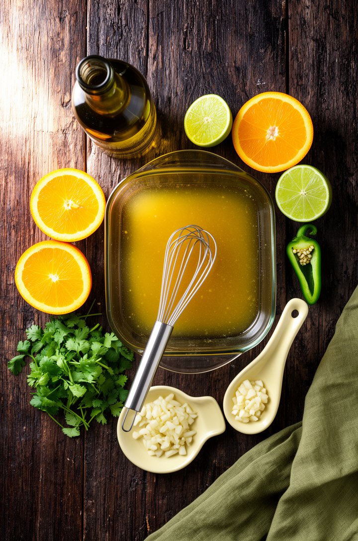 Overhead flat-lay of carne asada marinade ingredients arranged on an aged dark wooden surface — a glass baking dish of whisked citrus marinade in the center, halved oranges and limes with visible pulp