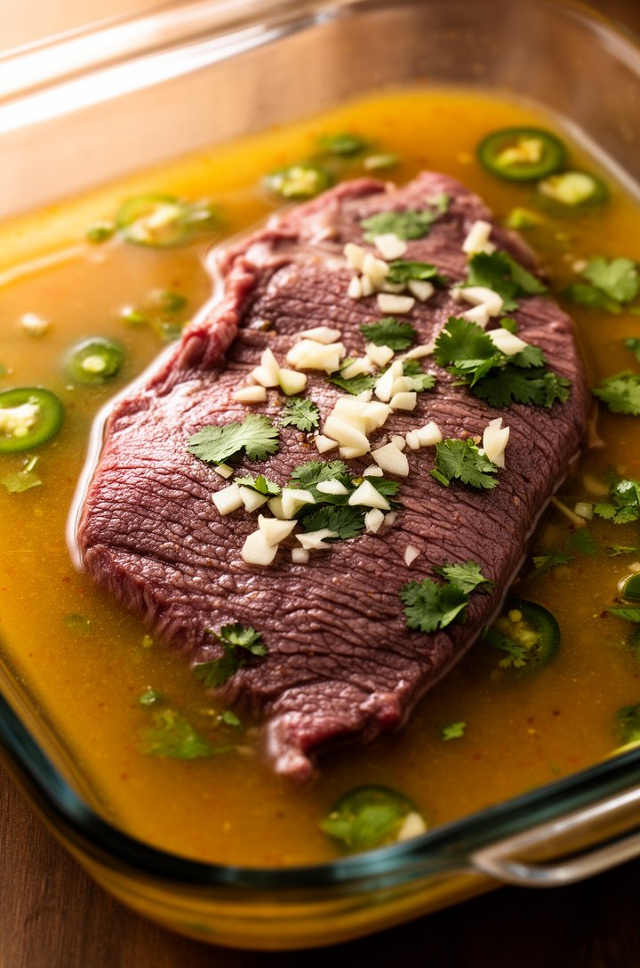 Close-up 30-degree angle of raw skirt steak submerged in citrus marinade in a glass baking dish, visible flecks of minced garlic, chopped cilantro, and jalapeño in the golden-orange marinade liquid, t