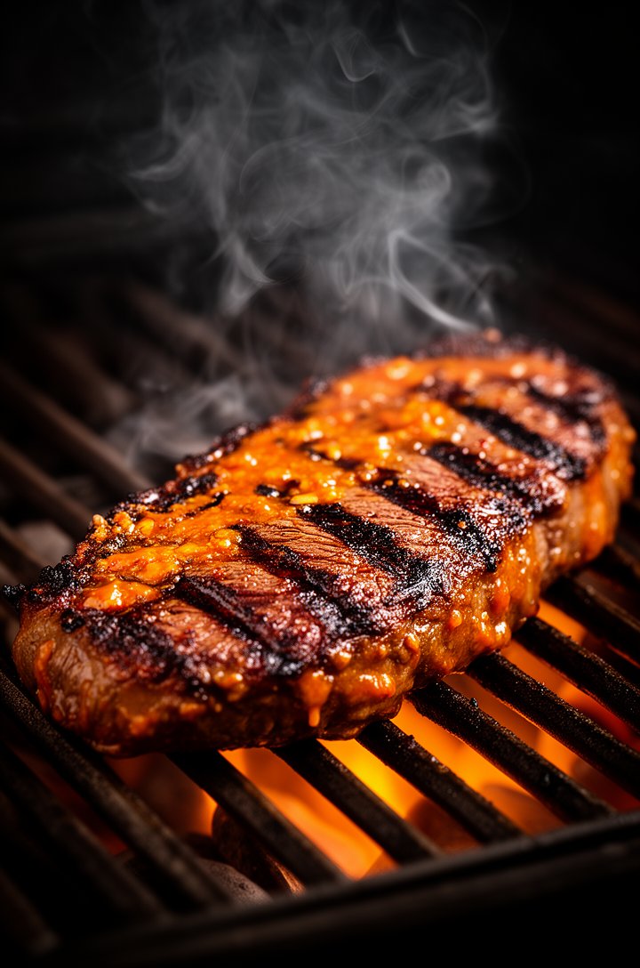 Dramatic close-up of skirt steak on hot grill grates, deep char marks forming on the surface, visible smoke rising, orange-brown marinade caramelizing on the meat's surface, grill grates glowing with 