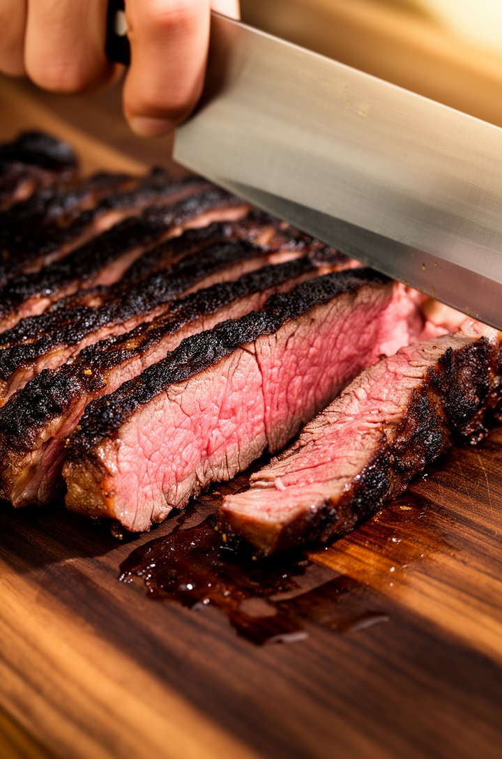 Extreme close-up of carne asada being sliced against the grain on a dark walnut cutting board, a sharp chef's knife mid-slice, revealing rosy medium-rare pink interior with charred dark exterior crust