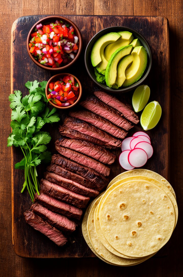Overhead beauty shot of sliced carne asada arranged on a dark aged wooden board surrounded by small bowls of pico de gallo and sliced avocado, fresh cilantro sprigs, lime wedges, thinly sliced radishe