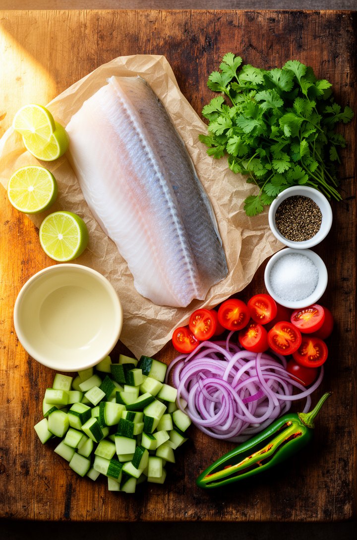 Overhead flat-lay on aged wooden cutting board of ceviche mise en place — a pristine fillet of white sea bass on parchment, halved limes scattered around a butter-cream ceramic bowl, small pinch bowls