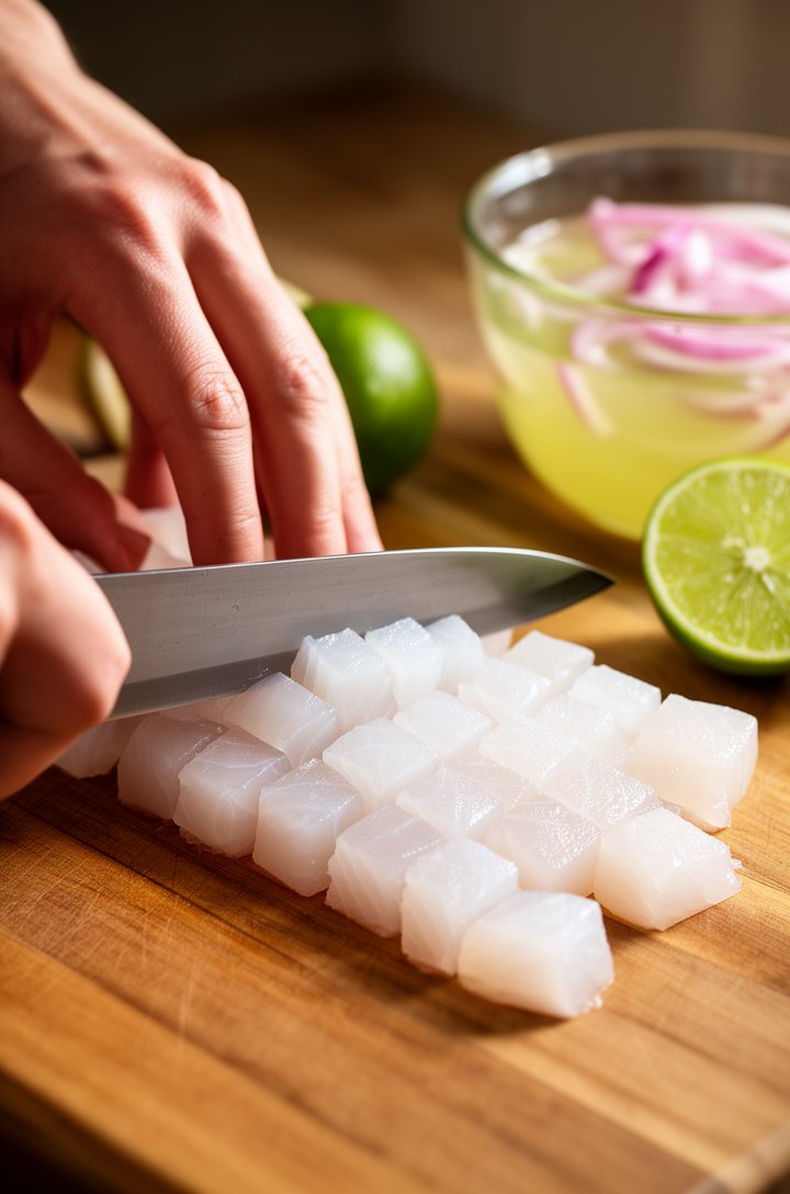 Close-up 45-degree angle of hands dicing firm white fish into half-inch cubes on a wooden cutting board, clean precise cuts visible, translucent raw fish glistening, a sharp chef's knife mid-slice, li