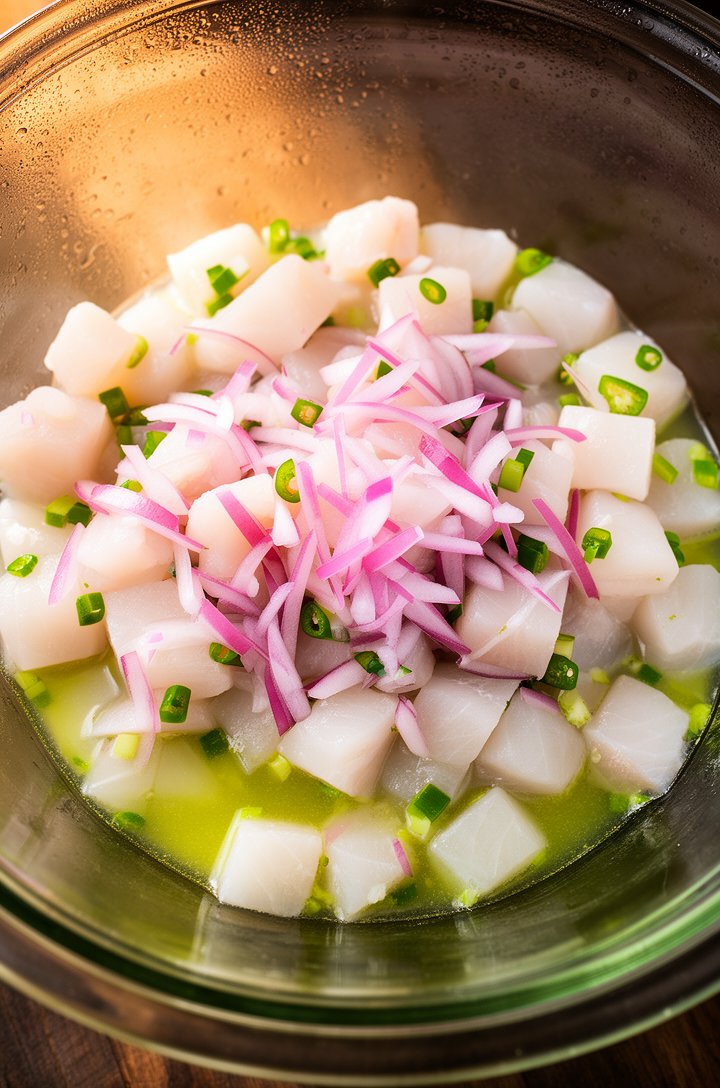 Close-up macro shot of ceviche marinating in a large glass bowl, cubes of fish transitioning from translucent to opaque white, bright lime juice visible pooling at the bottom, thin red onion slivers t