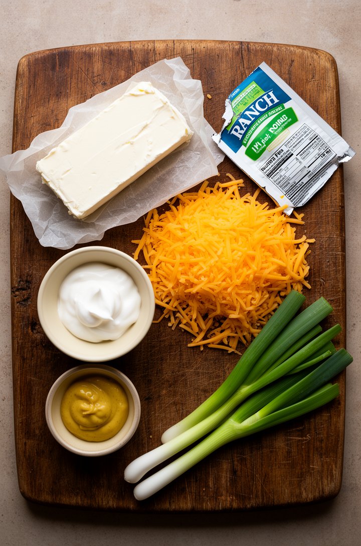 Overhead flat-lay of pretzel dip ingredients arranged on an aged wooden cutting board — a block of cream cheese on parchment, a mound of freshly grated sharp cheddar, a small butter-cream ceramic bowl