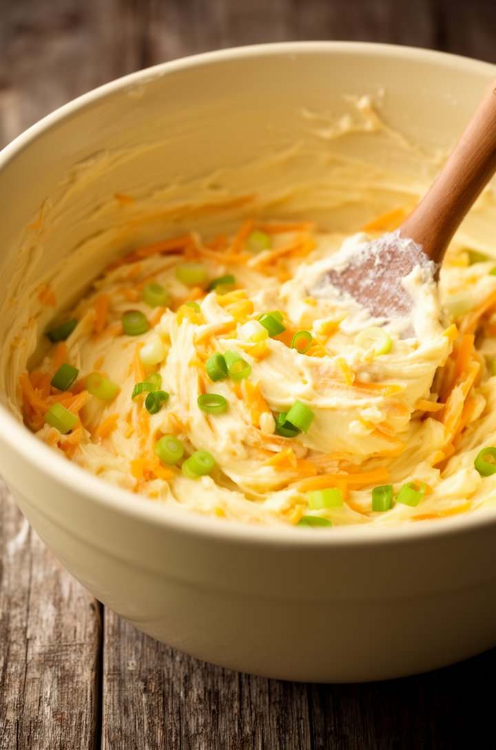 Close-up 30-degree angle of the pretzel dip mixture being stirred in a large mixing bowl, spatula mid-fold showing the creamy pale-yellow base with visible shreds of orange cheddar and bright green sc